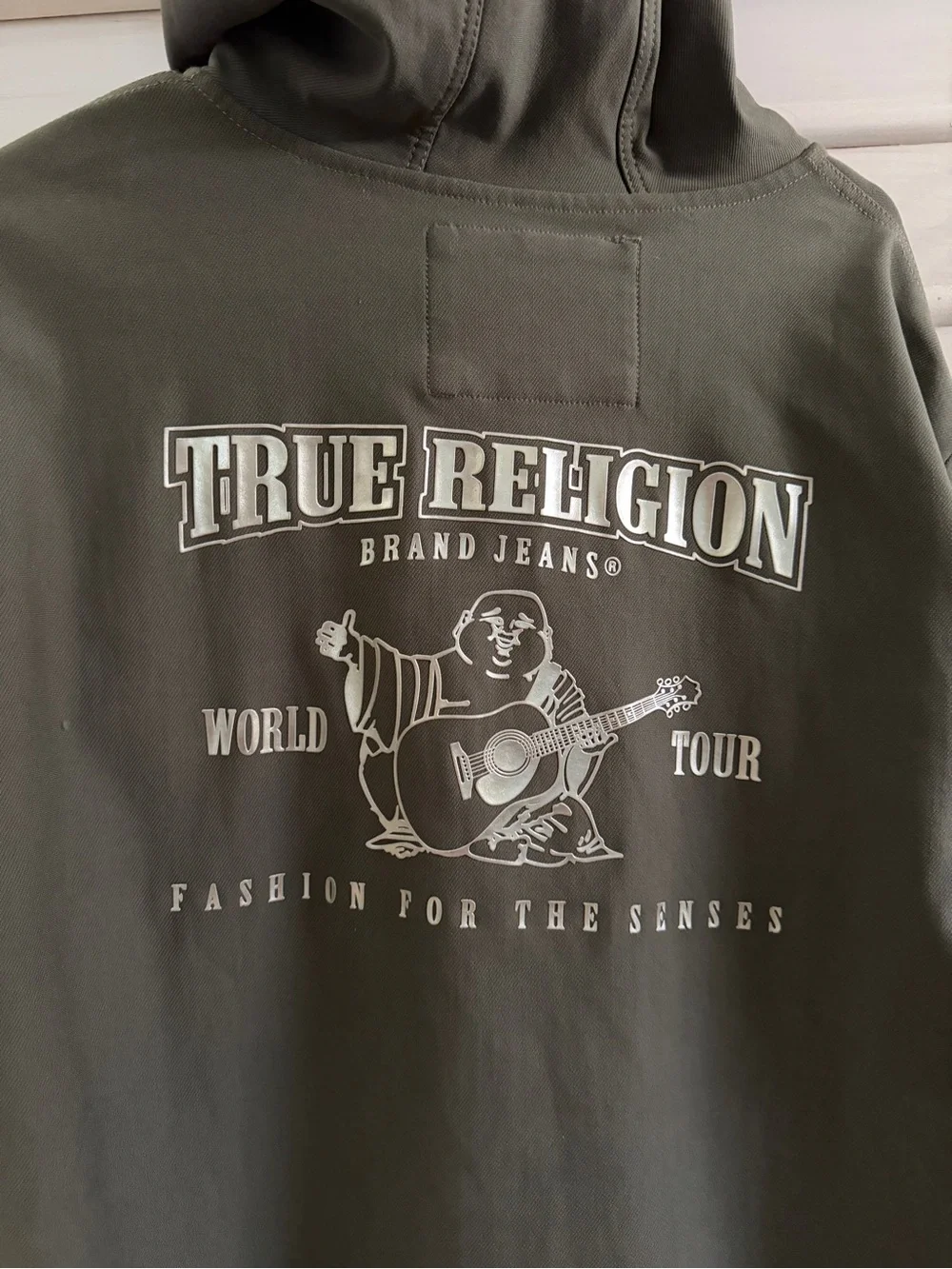 True Religion Olive Green Graphic Hoodie with Buddha Logo